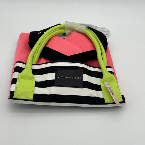 Victorias Secret Striped Pink Tote Bag With Neon Green Handles - Picture 2 of 5